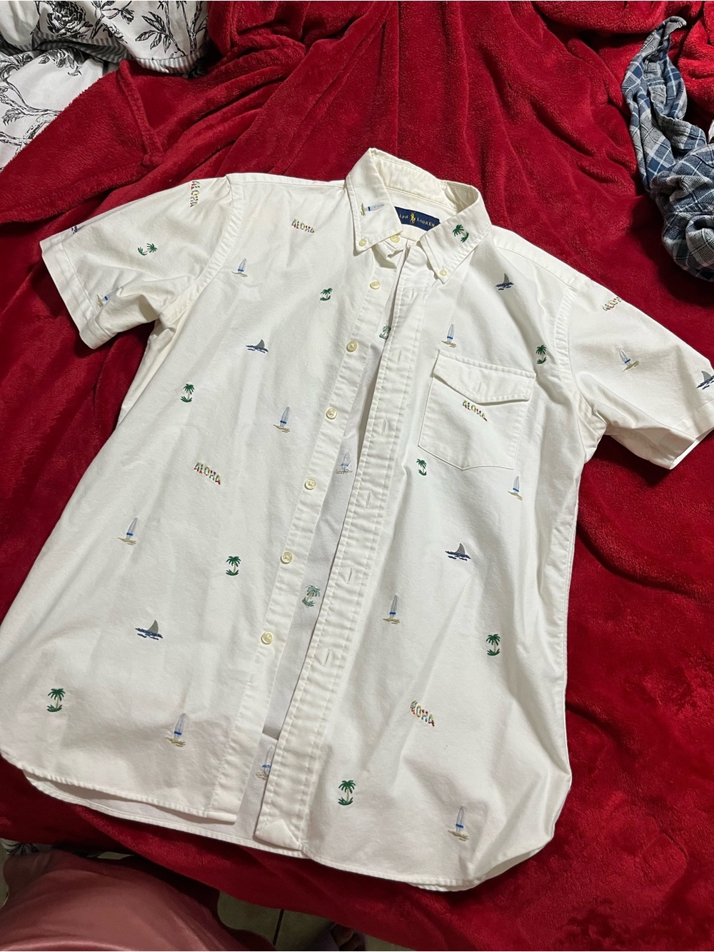 Ralph Lauren Cream Short-Sleeve Button-Down Shirt with Nautical Embroidery